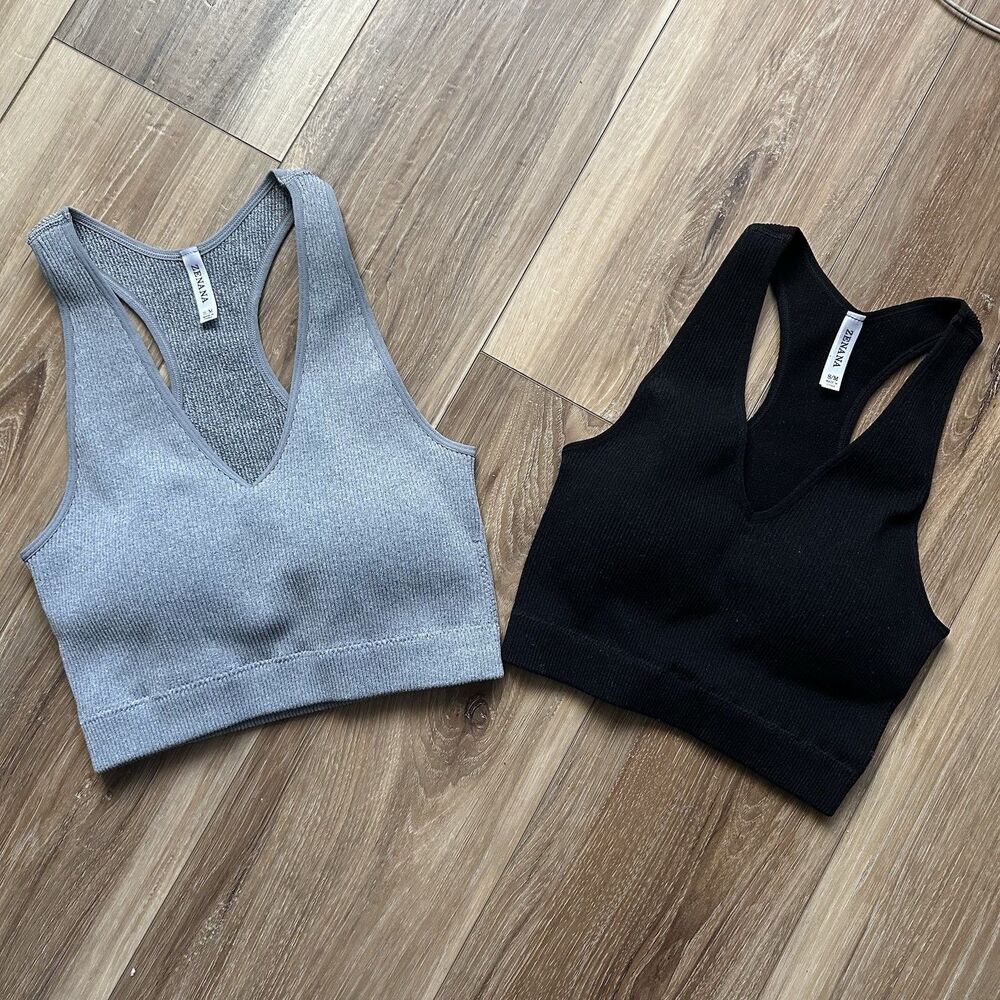 Zenana Pack of 2 Ribbed Padded V-Neck Brami Crop Tops Heather Gray Black S/M